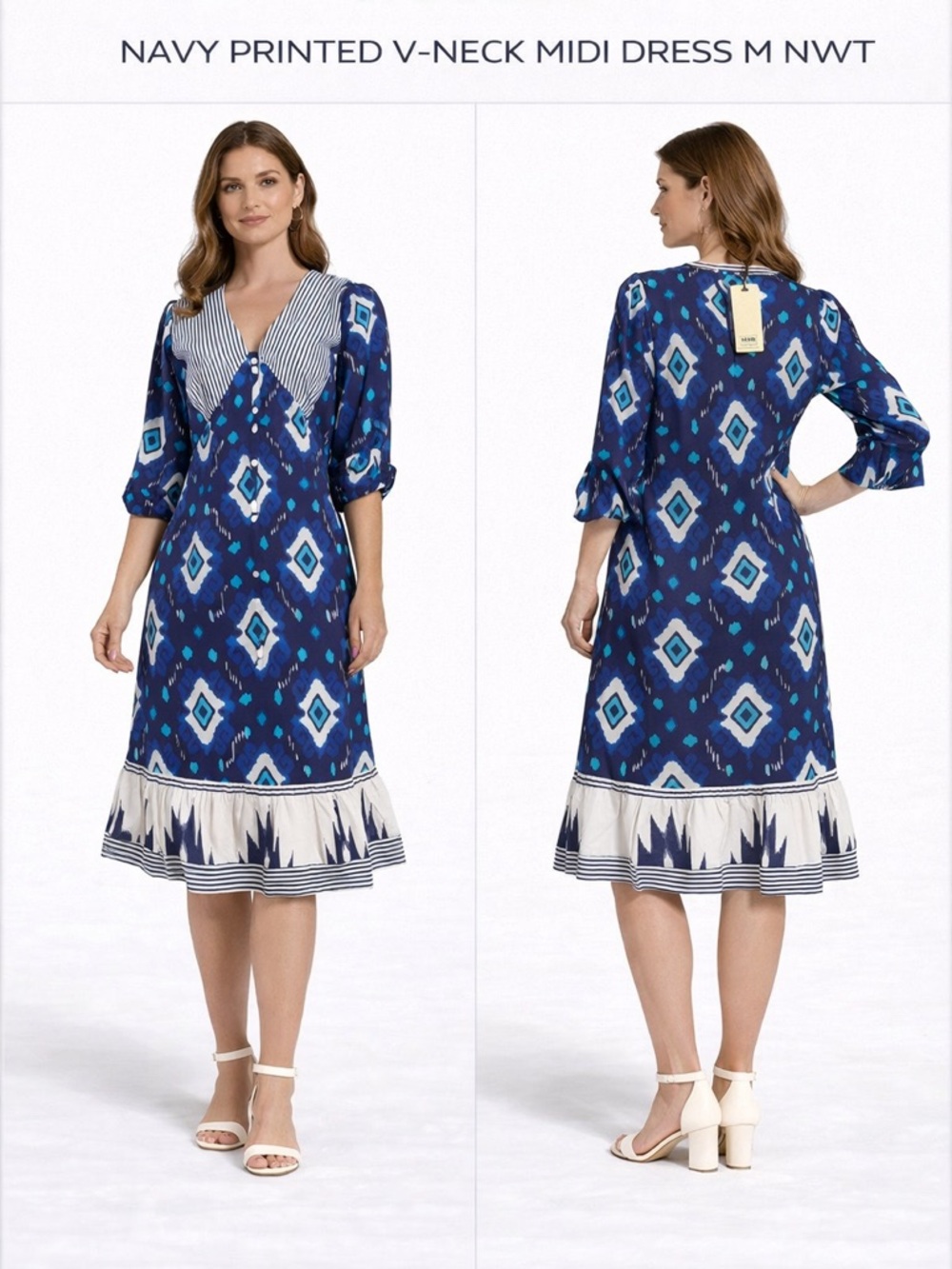 GARRIE B NAVY PRINTED V-NECK MIDI DRESS M NWT